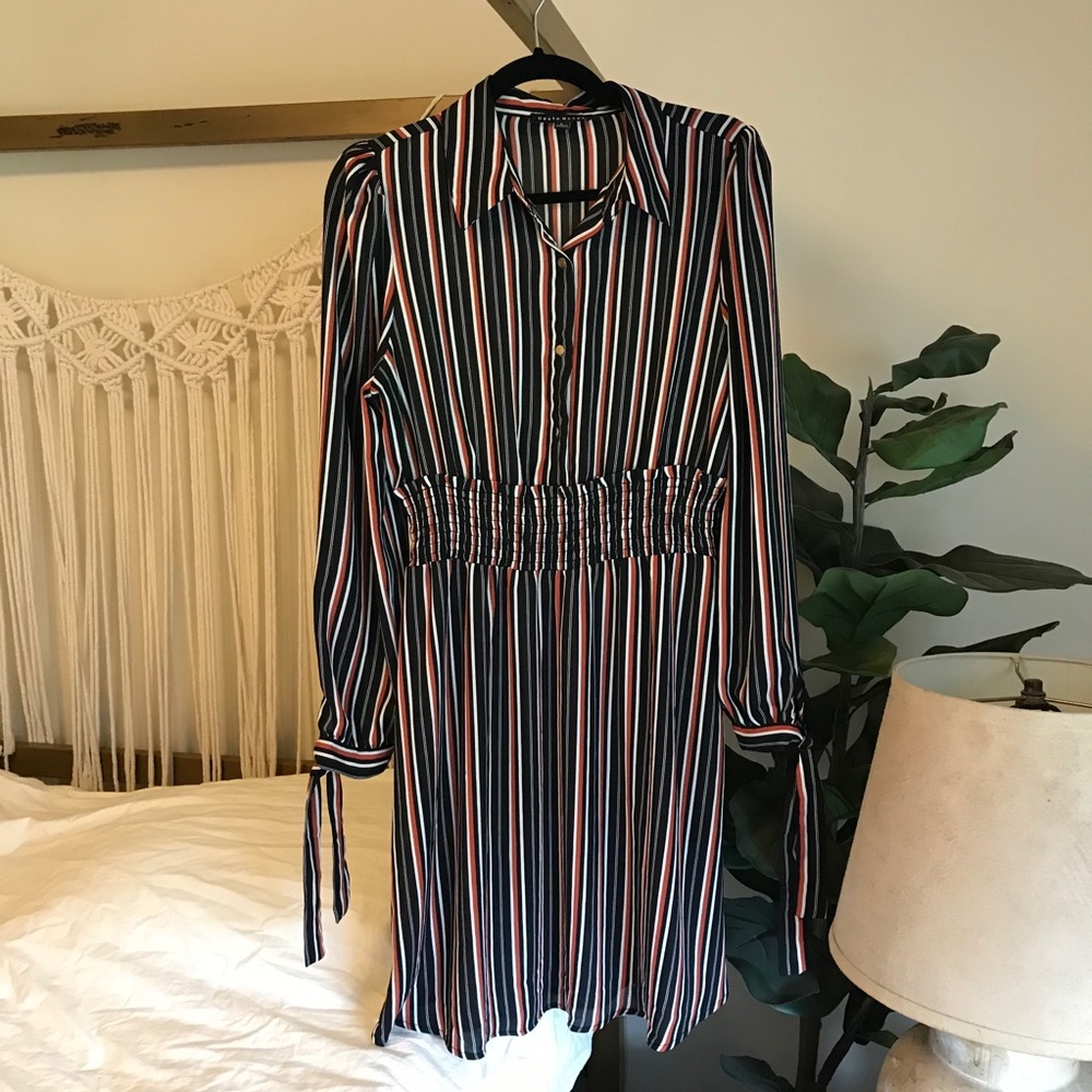 Striped Long-Sleeved Dress — Orange, Black, White